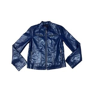 Navy‎ Blue Faux Leather Moto Jacket Zipper Pockets Full Zip Collar
